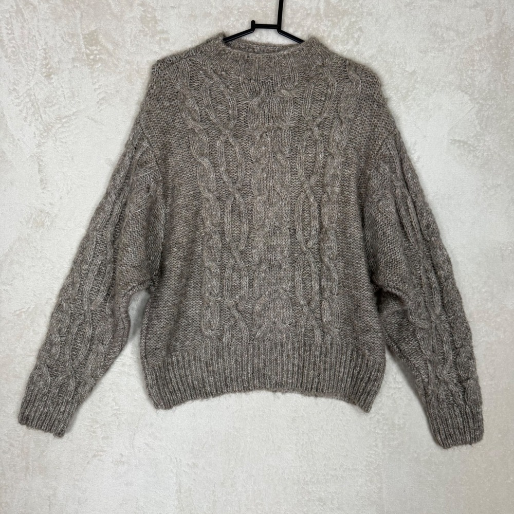 Mavi Womens Taupe Cable Knit Alpaca‎ Blend Crewneck Chunky Sweater Size M